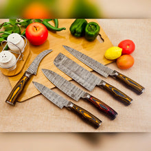 Load image into Gallery viewer, 5 Piece Handmade Damascus Chef Knife Set - Chef&#39;s Knife, Fillet Knife, Cleaver, Small Chef knife, Paring knife - Arham Cutlery
