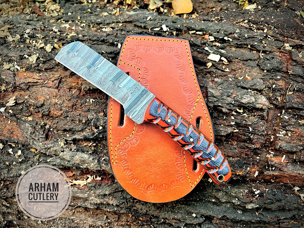 Damascus Steel Cowboy Bull Cutter EDC knife With Leather Sheath - Arham Cutlery