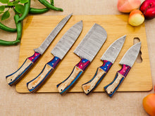 Cargar imagen en el visor de la galería, 5 Piece Handmade Damascus Chef Knife Set - Chef&#39;s Knife, Fillet Knife, Cleaver, Small Chef knife, Paring knife - Arham Cutlery
