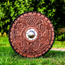 Cargar imagen en el visor de la galería, Custom Viking Shield |Medieval Helm of Awe Shield | Carved Viking Gift, Wall Decor | Viking Round Shield | Viking Cosplay Shield | Xmas Gift | Arham Cutlery
