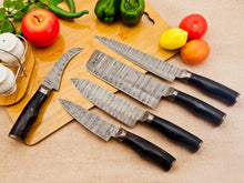 Load image into Gallery viewer, 5 Piece Handmade Damascus Chef Knife Set - Chef&#39;s Knife, Fillet Knife, Cleaver, Small Chef knife, Paring knife - Arham Cutlery
