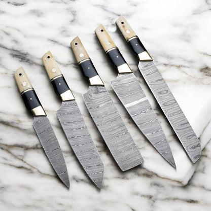 Custom Handmade Damascus Steel 5 Pcs Chef Set Handle Cow Bone/Black Horn With Leather Roll Kit
