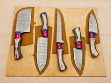 Lade das Bild in den Galerie-Viewer, 5 Piece Handmade Damascus Chef Knife Set - Chef&#39;s Knife, Fillet Knife, Cleaver, Small Chef knife, Paring knife - Arham Cutlery
