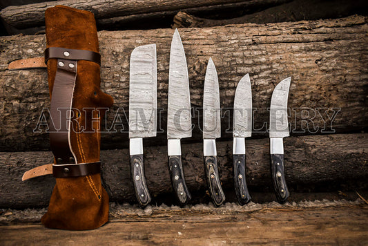 Damascus Steel 5 PCS Hand Forged Chef Knife Set With Leather Roll Kit
