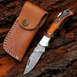 6.5" Handmade Damascus Pocket Knife - Folding Pocket Knife - Colored Wood Handle - Arham Cutlery