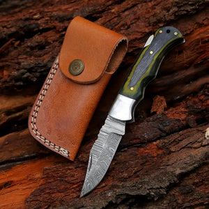 6.5" Handmade Damascus Pocket Knife - Folding Pocket Knife - Green Wood Handle - Arham Cutlery