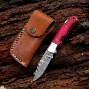 6.5" Handmade Damascus Pocket Knife - Folding Pocket Knife - Red Wood Handle - Arham Cutlery