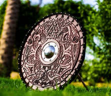 Cargar imagen en el visor de la galería, Custom Viking Shield |Medieval Helm of Awe Shield | Carved Viking Gift, Wall Decor | Viking Round Shield | Viking Cosplay Shield | Xmas Gift | Arham Cutlery
