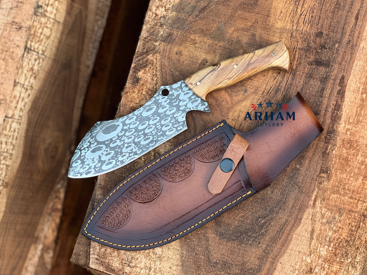 Handmade 11" D2 Steel Hunting Knife – Olive Wood Handle, Etched Blade & Leather Sheath | ARHAM CUTLERY