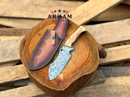 Handmade 11" D2 Steel Hunting Knife – Olive Wood Handle, Etched Blade & Leather Sheath | ARHAM CUTLERY