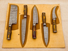 Load image into Gallery viewer, 5 Piece Handmade Damascus Chef Knife Set - Chef&#39;s Knife, Fillet Knife, Cleaver, Small Chef knife, Paring knife - Arham Cutlery
