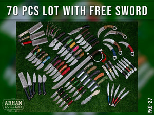 70 PCS Handmade Knife Lot with FREE Sword – Mixed Damascus & Stainless Steel | Arham Cutlery