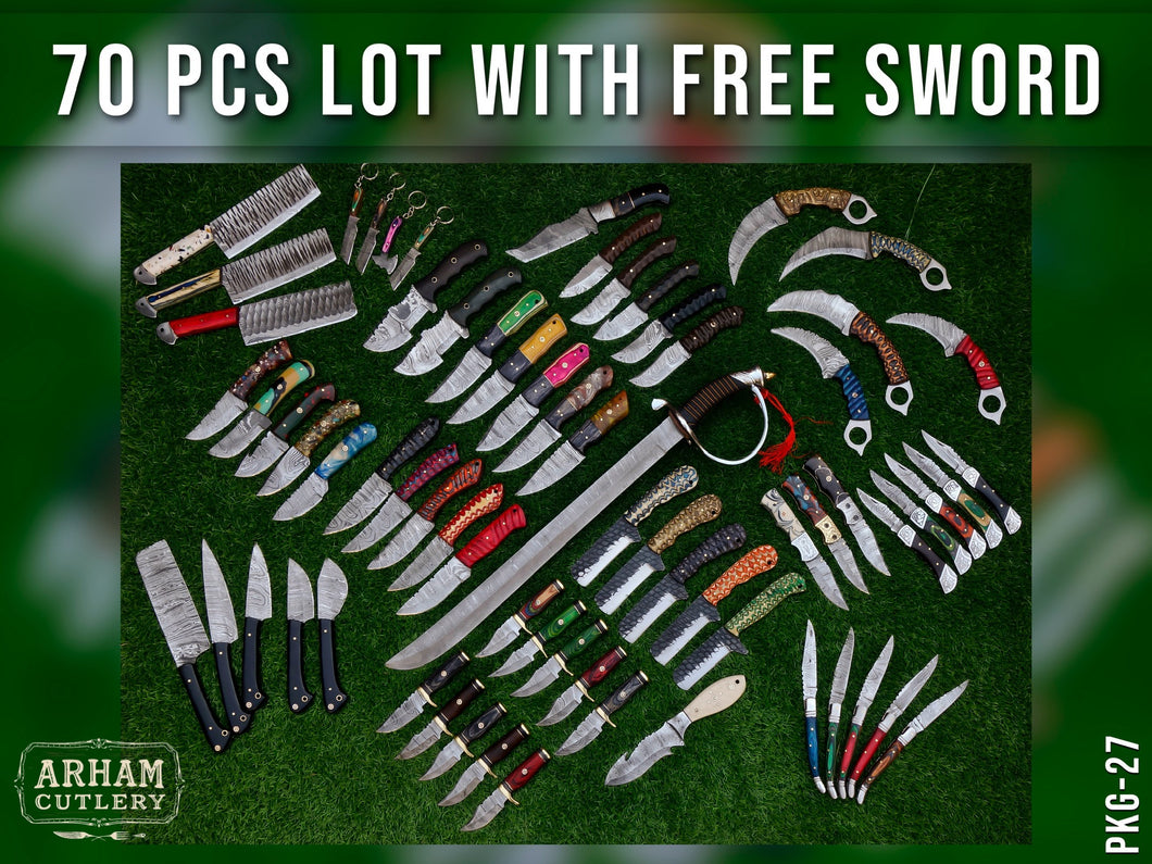 70 PCS Handmade Knife Lot with FREE Sword – Mixed Damascus & Stainless Steel | Arham Cutlery