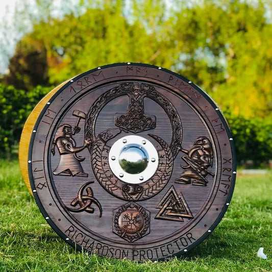 Medieval Viking Shield, Mjolnir Carved Shield, Cosplay Shield Viking Gift, Viking Wall Decor, Viking Round Shield, Birthday & Christmas Gift | Arham Cutlery Arham Cutlery