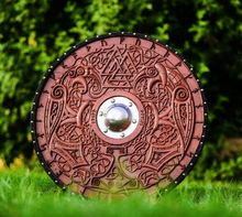 Load image into Gallery viewer, Custom Viking Shield |Medieval Helm of Awe Shield | Carved Viking Gift, Wall Decor | Viking Round Shield | Viking Cosplay Shield | Xmas Gift | Arham Cutlery
