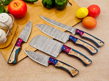 Cargar imagen en el visor de la galería, 5 Piece Handmade Damascus Chef Knife Set - Chef&#39;s Knife, Fillet Knife, Cleaver, Small Chef knife, Paring knife - Arham Cutlery
