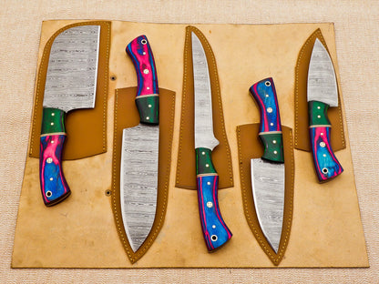 5 Piece Handmade Damascus Chef Knife Set - Chef's Knife, Fillet Knife, Cleaver, Small Chef knife, Paring knife - Arham Cutlery