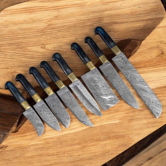 CUSTOM HANDMADE DAMASCUS 8 PCS CHEF SET WITH LEATHER ROLL KIT