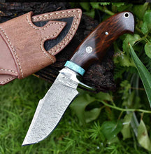 Load image into Gallery viewer, Damascus knife for deer hunting 10 inch fix blade knife walnut handle , leather sheath - Arham Cutlery
