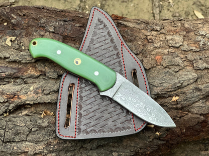 Custom Made Damascus Steel Fixed Blade EDC knife with Leather Sheath