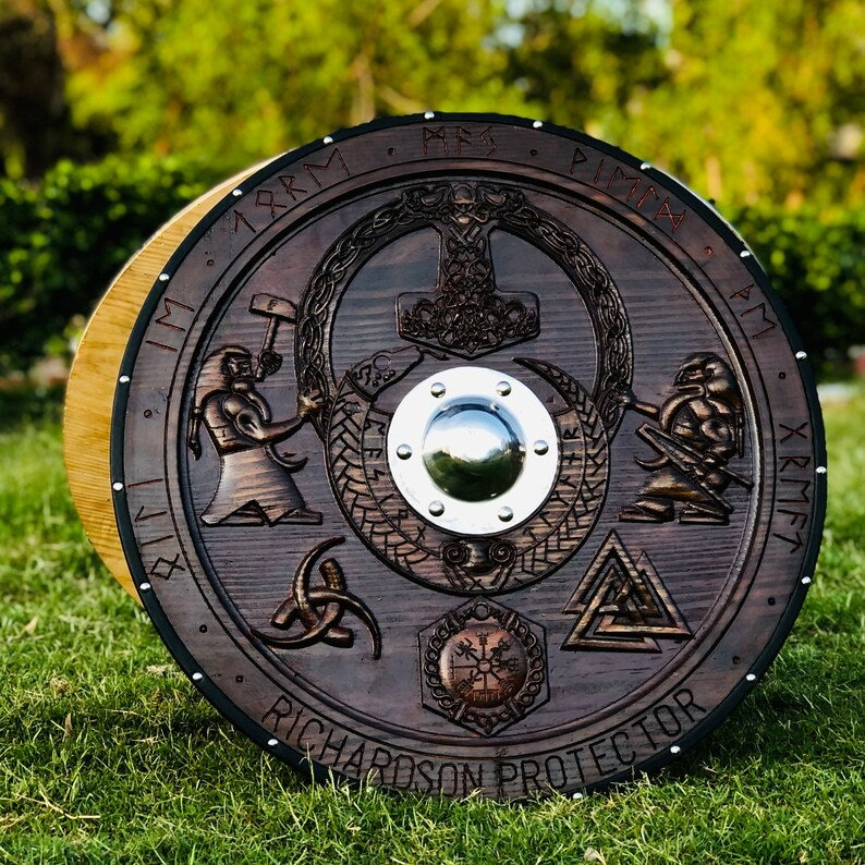 Medieval Viking Shield, Mjolnir Carved Shield, Cosplay Shield Viking Gift, Viking Wall Decor, Viking Round Shield, Birthday & Christmas Gift | Arham Cutlery