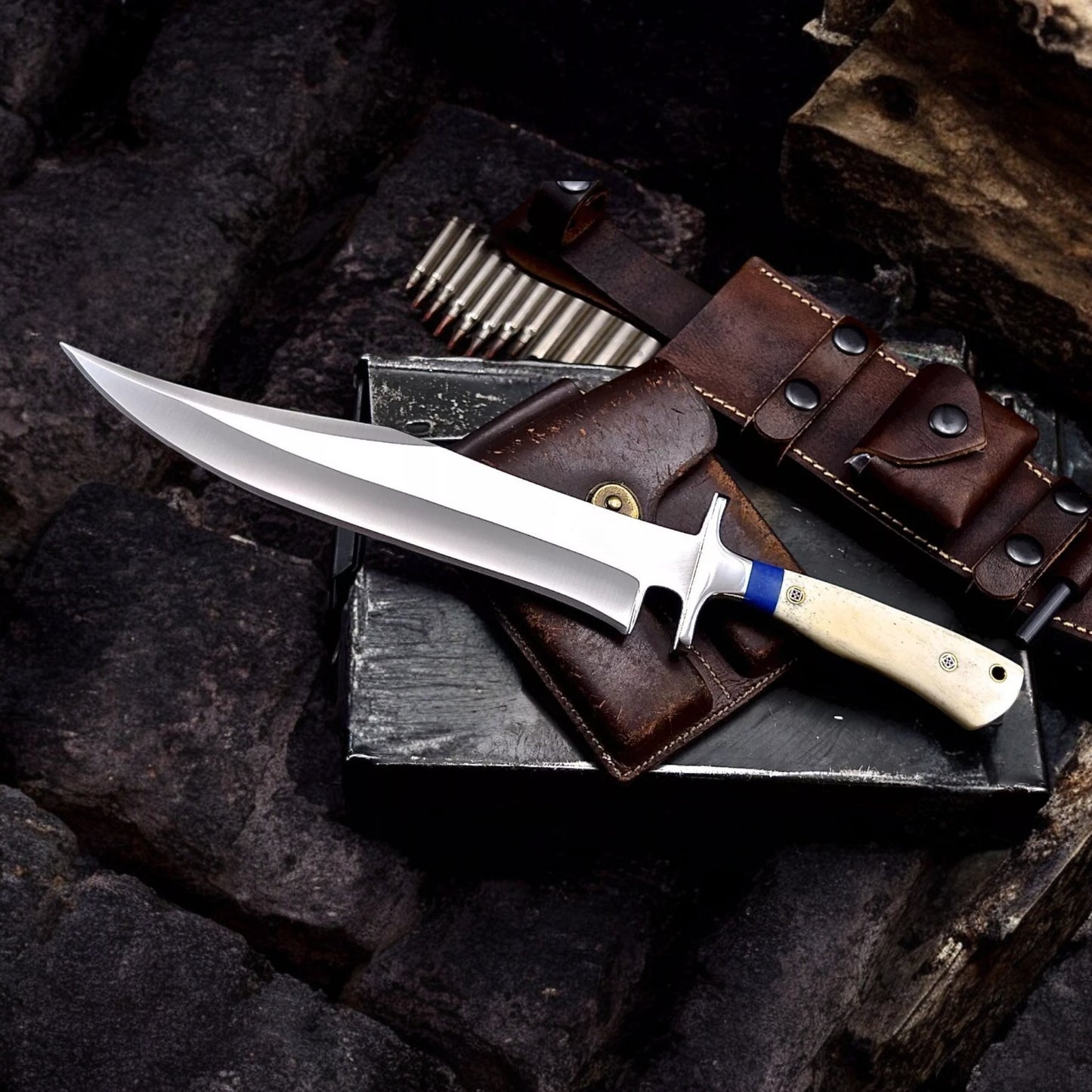 Handmade Custom Camel Bone Large Western Bowie Hunting Camping-Knife