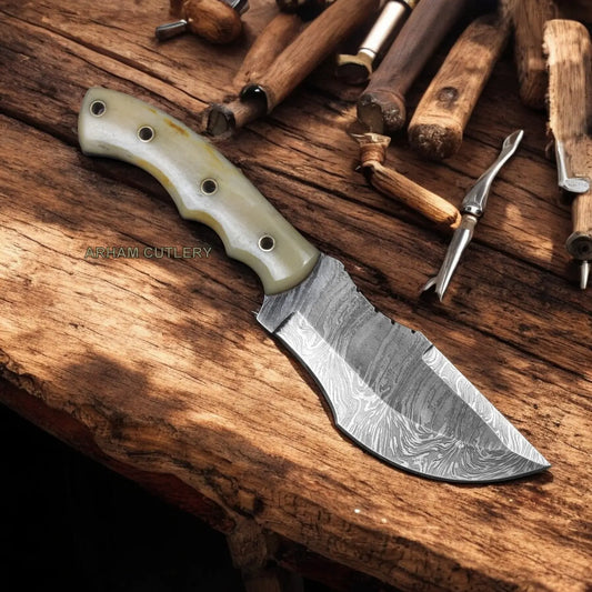 9.5" Hand Forged Damascus Steel Camel Bone Tracker Knife 