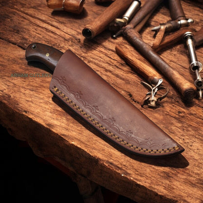 Damascus Steel Rose Wood Knife With Leather Sheath 