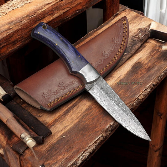 9" Handmade Damascus Steel Flat Grind EDC Skinning Knife 