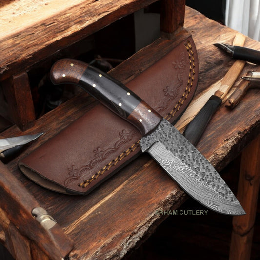 8" Flat Grind Damascus Steel Knife With Vegetable Tanned Leather Sheath 