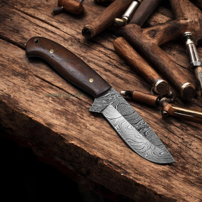 Damascus Steel Rose Wood Knife With Leather Sheath 