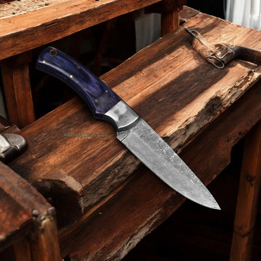 9" Handmade Damascus Steel Flat Grind EDC Skinning Knife 