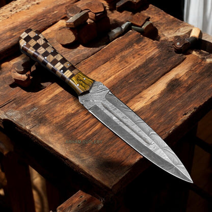 Hand Forged Damascus Steel Flat Grind Dagger Knife 