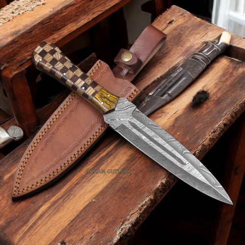 Hand Forged Damascus Steel Flat Grind Dagger Knife 