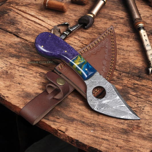 8.5" Blue And Purple Acrylic Handmade Damascus Steel Knife 
