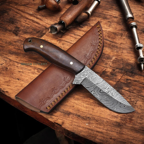 Damascus Steel Rose Wood Knife With Leather Sheath 