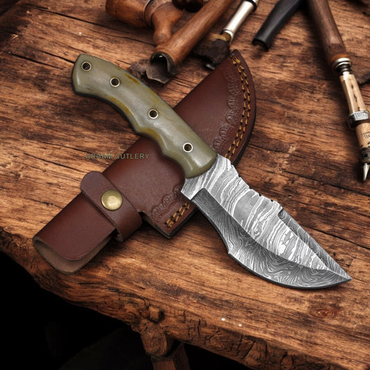 9.5" Hand Forged Damascus Steel Camel Bone Tracker Knife 