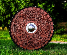 Load image into Gallery viewer, Custom Viking Shield |Medieval Helm of Awe Shield | Carved Viking Gift, Wall Decor | Viking Round Shield | Viking Cosplay Shield | Xmas Gift | Arham Cutlery
