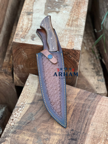 Premium 13" Handmade Hunting Knife – D2 Tool Steel, Rosewood Handle, Leather Sheath