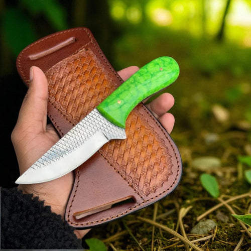 Handcrafted Belt Knife with J2 Stainless Rasp Blade and Green Resin Handle in Leather Sheath