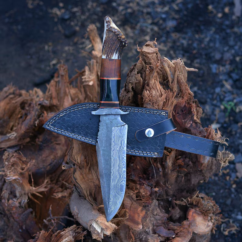 Vintage Damascus Steel Bowie knife | Hunting knife | Viking knife | Deer horn handles knife | Engraved knife | Christmas Gift | Arham Cutlery