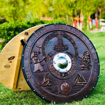 Medieval Viking Shield, Mjolnir Carved Shield, Cosplay Shield Viking Gift, Viking Wall Decor, Viking Round Shield, Birthday & Christmas Gift | Arham Cutlery