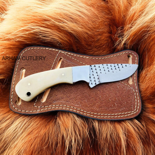 Camel Bone Fixed Blade Rasp File Knife With Pan Cake Leather Sheath