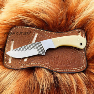 Camel Bone Fixed Blade Rasp File Knife With Pan Cake Leather Sheath