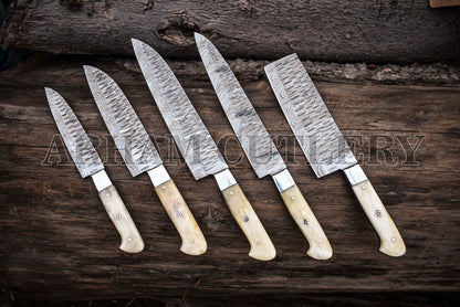 Handmade Damascus Steel Camel Bone Kitchen Knife Chef Set
