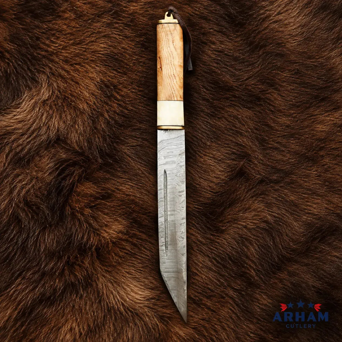 Bonecrest Raven Viking Seax Knife – Damascus Steel Wood & Bone Handle Arham Cutlery