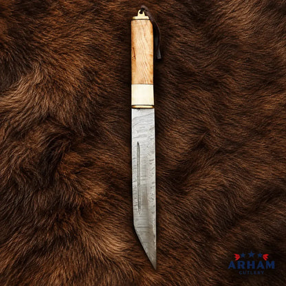 Bonecrest Raven Viking Seax Knife – Damascus Steel Wood & Bone Handle Arham Cutlery