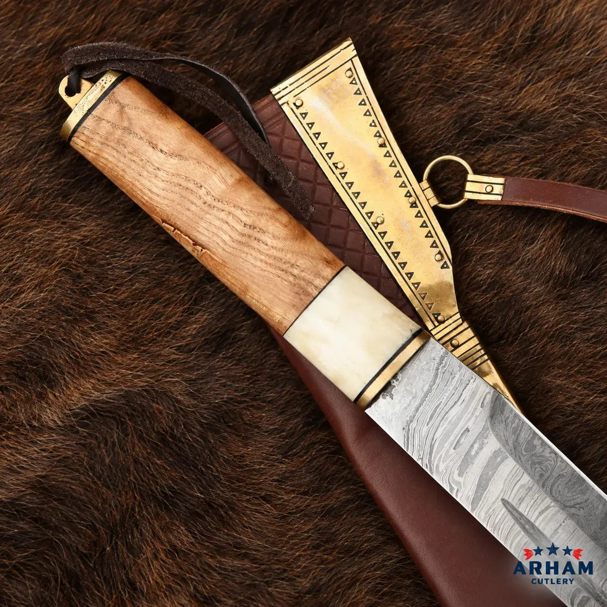 Bonecrest Raven Viking Seax Knife – Damascus Steel Wood & Bone Handle Arham Cutlery