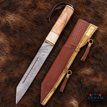 Bonecrest Raven Viking Seax Knife – Damascus Steel Wood & Bone Handle Arham Cutlery