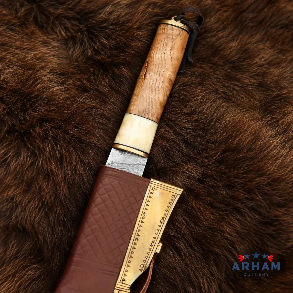 Bonecrest Raven Viking Seax Knife – Damascus Steel Wood & Bone Handle Arham Cutlery